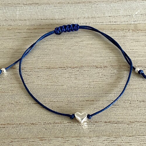 Silver Heart Adjustable Blue Cord Bracelet, Gift for Her-birthday