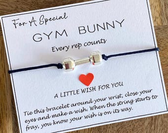 Special Gym Bunny Wish Bracelet, Silver Dumbbell Charm Bracelet, Adjustable Cord Bracelet, Gym Lover-Enthusiast-PT Gift,Birthday-Christmas