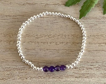 Genuine Amethyst and Silver Bead Stretch Bracelet, Mood Balance-Positivity-Anxiety Healing Gemstone, Layering Bracelet, Gift for Her UK Shop