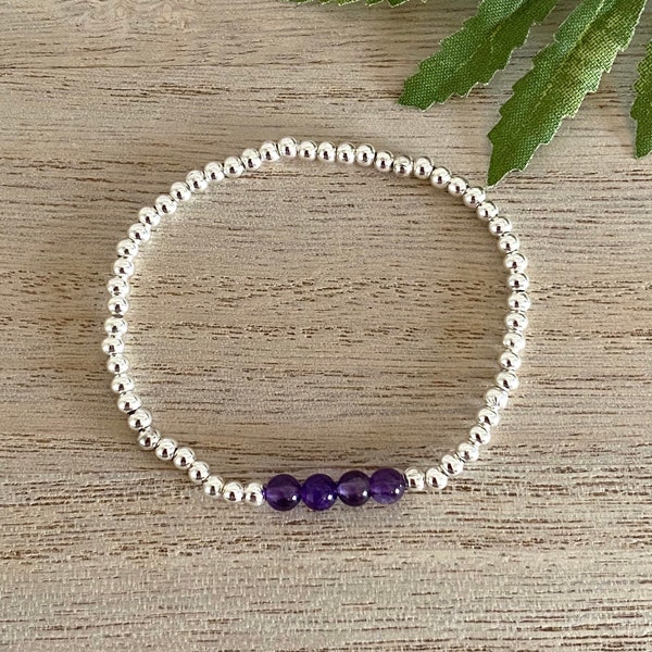 Genuine Amethyst and Silver Bead Stretch Bracelet, Mood Balance-Positivity-Anxiety Healing Gemstone, Layering Bracelet, Gift for Her UK Shop