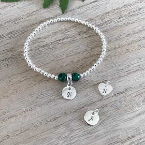 Initial Malachite Silver Plated Bead Stretch Bracelet, Silver Stacking Bracelet, Gift for Her, Celestial Gemstone Bracelet, UK