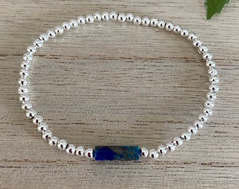 Dainty Natural Lapis Lazuli Gemstone Bar Bracelet, Silver plated Stretch Bracelet, Stacking Bracelet, September Birthstone, Gift for Her UK