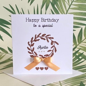 Special Auntie Birthday Card, Rose Gold Glitter Wreath, Satin Ribbon, Pearls and Hearts Birthday Card for Auntie, Card for Her, UK