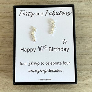 40th Sterling Silver Star Stud Earrings, 4 Line Star Earrings, Fortieth Birthday Gift, Women's Birthday Earrings, Gift Box, Quote Card, UK