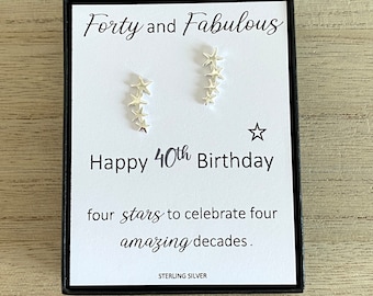 40th Sterling Silver Star Stud Earrings, 4 Line Star Earrings, Fortieth Birthday Gift, Women's Birthday Earrings, Gift Box, Quote Card, UK