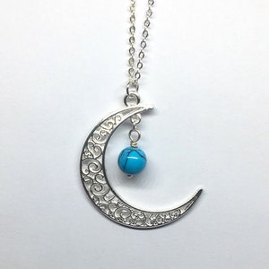 Silver Crescent Moon and Turquoise Gemstone Necklace, Gothic Crescent Moon Necklace, Crescent Moon Pendent, Gemstone Necklace, Gift for her
