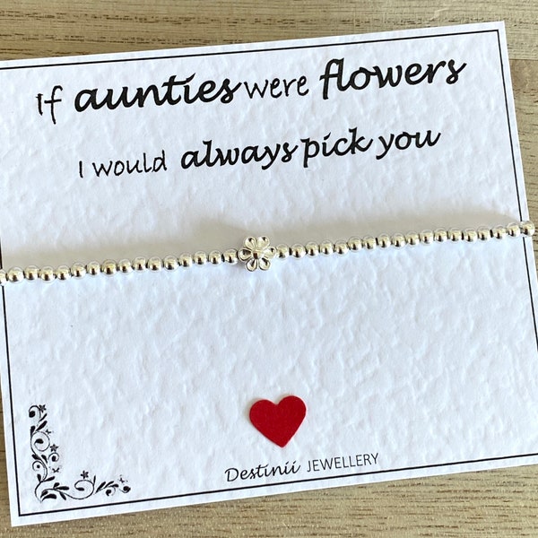 If Aunties Were Flowers, I Would Always Pick You-Silver Beaded Flower Bracelet, Silver Plated Stretch Bracelet, Aunties Birthday Bracelet UK