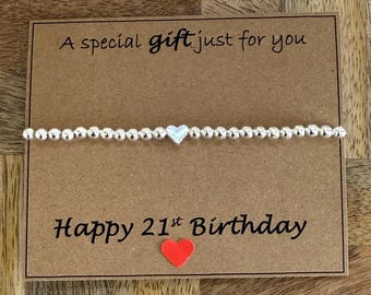 Bracelet coeur 21e anniversaire, bracelet extensible en perles d'argent, cadeau de vingt et un bracelet joyeux anniversaire, bracelet à empiler, carte devis 21e