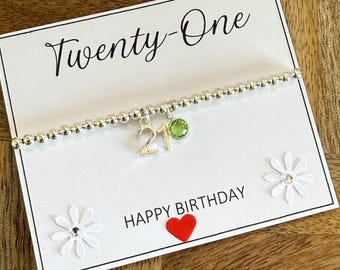 21st Birthday Birthstone Silver Bracelet, Silver Beaded Stretch Bracelet, Personalised Twenty-One Birthday Bracelet Gift, 21st Quote Card