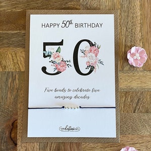 Fiftieth Birthday Silver Beads for 5 Amazing Decades, Adjustable Cord Bracelet, Happy  50th Birthday Bracelet, Mum, Auntie, Nan, Friend