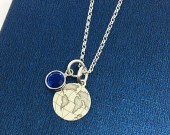 Sterling Silver World Map Personalised Necklace , Globe & Earth Necklace, Globetrotter Necklace, Travel Charm, Global Pendant, Map Charm, UK