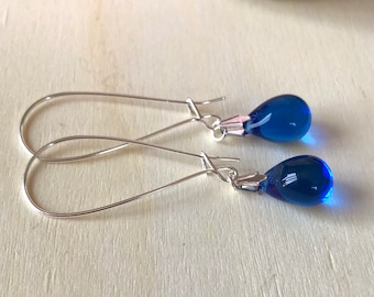 Blue Earrings, Sea Blue Drop Earrings, Czech Glass Bead Jewelry, Blue Silver Earrings, Teardrop Earring, Gift for Women, Uk shop