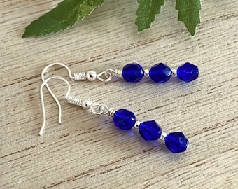 Cobalt blue glass drop earrings, Silver blue faceted stylish earrings, Sterling silver ear wires, Bestie-Birthday-Anniversary Gift, Uk