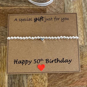 50th Birthday Heart Bracelet, Silver Beaded Stretch Bracelet, Fifty Happy Birthday Bracelet Gift, Stacking Bracelet, 50th Quote Card UK Shop