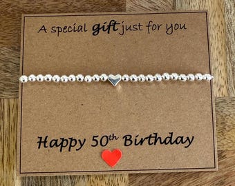 Bracelet coeur 50e anniversaire, bracelet extensible en perles d'argent, cadeau de bracelet cinquante joyeux anniversaire, bracelet à empiler, carte de citation 50e boutique Royaume-Uni