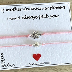 Als schoonmoeders bloemen waren, zou ik altijd voor jou kiezen-Zilveren bloem verstelbare roze koord armband, schoonmoeder cadeau, aandenken kaart, UK