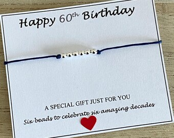 Sixtieth Birthday Silver Beads for 6 Amazing Decades, Adjustable Cord Bracelet, Happy  60th Birthday Bracelet, Mum, Auntie, Nan, Friend