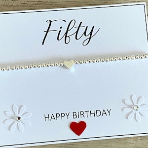 50 Geburtstag Herz Armband, Silber Perlen Stretch Armband, Fünfzig alles Gute zum Geburtstag Armband Geschenk, Stapel Armband, 50 Geburtstag Karte UK Shop