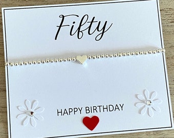 Bracelet coeur 50e anniversaire, bracelet extensible en perles d'argent, cadeau de bracelet cinquante joyeux anniversaire, bracelet à empiler, carte de citation 50e boutique Royaume-Uni