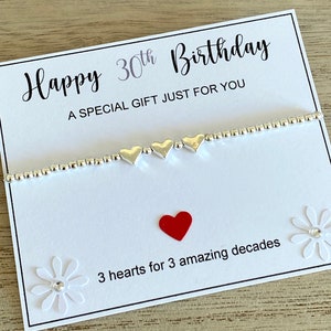 30th Birthday Heart Bracelet, Silver Beaded Stretch Bracelet, Thirty Happy Birthday Bracelet Gift, 3 hearts for 3 decades, 30th Quote Card