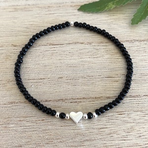 Silver Heart and Black Beaded Stretch Bracelet, Gift for Her-Birthday, Anniversary, Christmas, Just because, Black Silver Jewelry, UK Shop