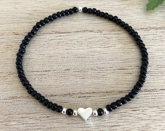 Silver Heart and Black Beaded Stretch Bracelet, Gift for Her-Birthday, Anniversary, Christmas, Just because, Black Silver Jewelry, UK Shop