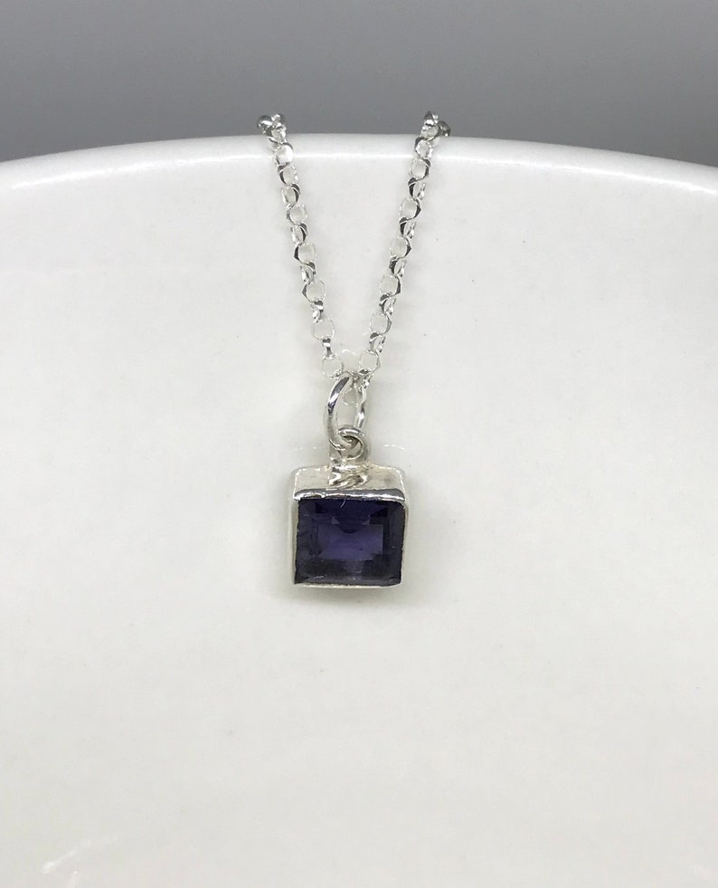 Gift for Her UK Sterling Silver Iolite Square Drop Necklace Genuine Iolite Gemstone Faceted Iolite Pendant December-January Birthstone