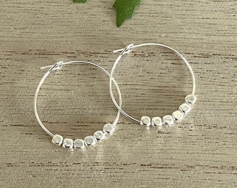 Dainty Silver Bead Hoop Earrings, Silver Cube Hoop Earrings, Everyday Jewellery, Gift for Her - Girlfriend, Daughter, Friend, Sister UK Shop