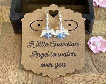 Angel Wing Earrings, Light Blue Crystal Angel Wing Earrings, Guardian Angel-Christmas Jewelry, Sterling Silver Earwires, Gift for her, Gift