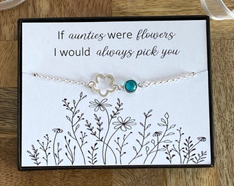 Auntie Sterling Silver Birthstone Flower Bracelet, Auntie Personalised Gift, If Aunties Were Flowers I’d Pick You, Birthday Christmas Gift