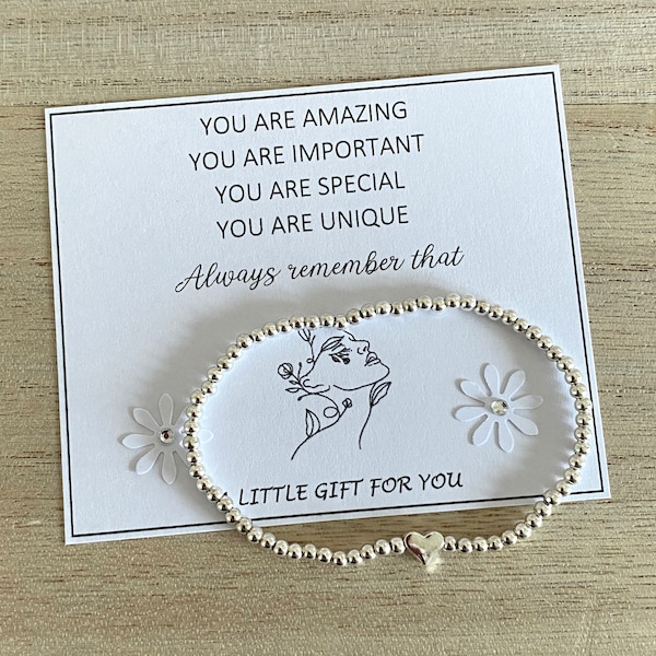 You are Amazing-Important-Special-Unique, Positivity-Silver Heart Stretch Bead Bracelet, Quote Card, Motivation-Uplifting-Friendship Gift UK