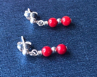Sterling Silver Red Coral Gemstone Stud Earrings, Natural Gemstone, Minimalist Jewelry, Presentation Box, Healing Jewelry, Gift for Her, UK