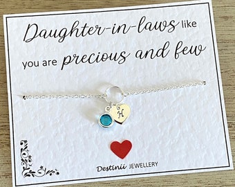 Daughter-in-laws Like You are Precious and Few Initial Birthstone Silver Bracelet, Sterling Silver Ring, Silver Plated Heart Chain Bracelet