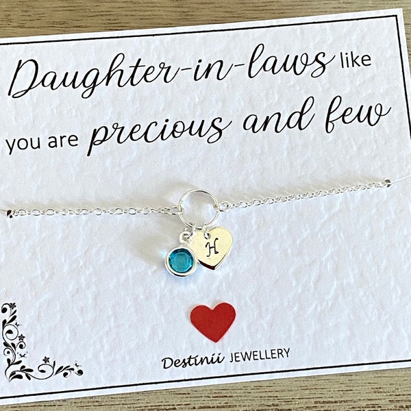 Daughter-in-laws Like You are Precious and Few Initial Birthstone Silver Bracelet, Sterling Silver Ring, Silver Plated Heart Chain Bracelet
