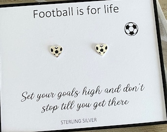 Sterling Silver Football Stud Earrings, Football Sports Jewelry, Football Heart Jewelry, Minimalist Earrings, Gift For Her/Him, Quote Card