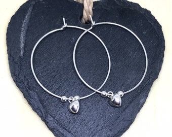 Sterling Silver Heart Hoop Earrings, Sterling Silver Hoop Earrings, 30 mm Hoop Earrings, Heart Charm Jewellery, Love Gift, Uk, Gift for her