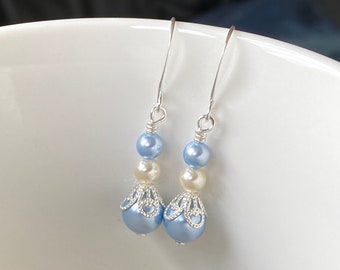 Light Blue and Cream Pearl Earrings, Blue Swarovski Earrings, Cream Swarovski Earrings, Bridal Pearl Earrings, Bridal Clip Earrings