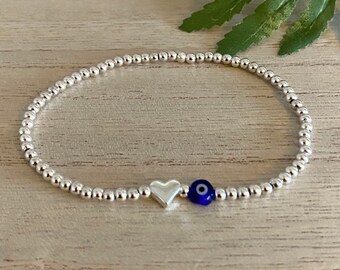 Evil Eye Silver Stretch Bracelet, Blue Eye Heart Bracelet, Protection from Negativity, Gift for Her-Birthday, Friendship, Family, Colleague