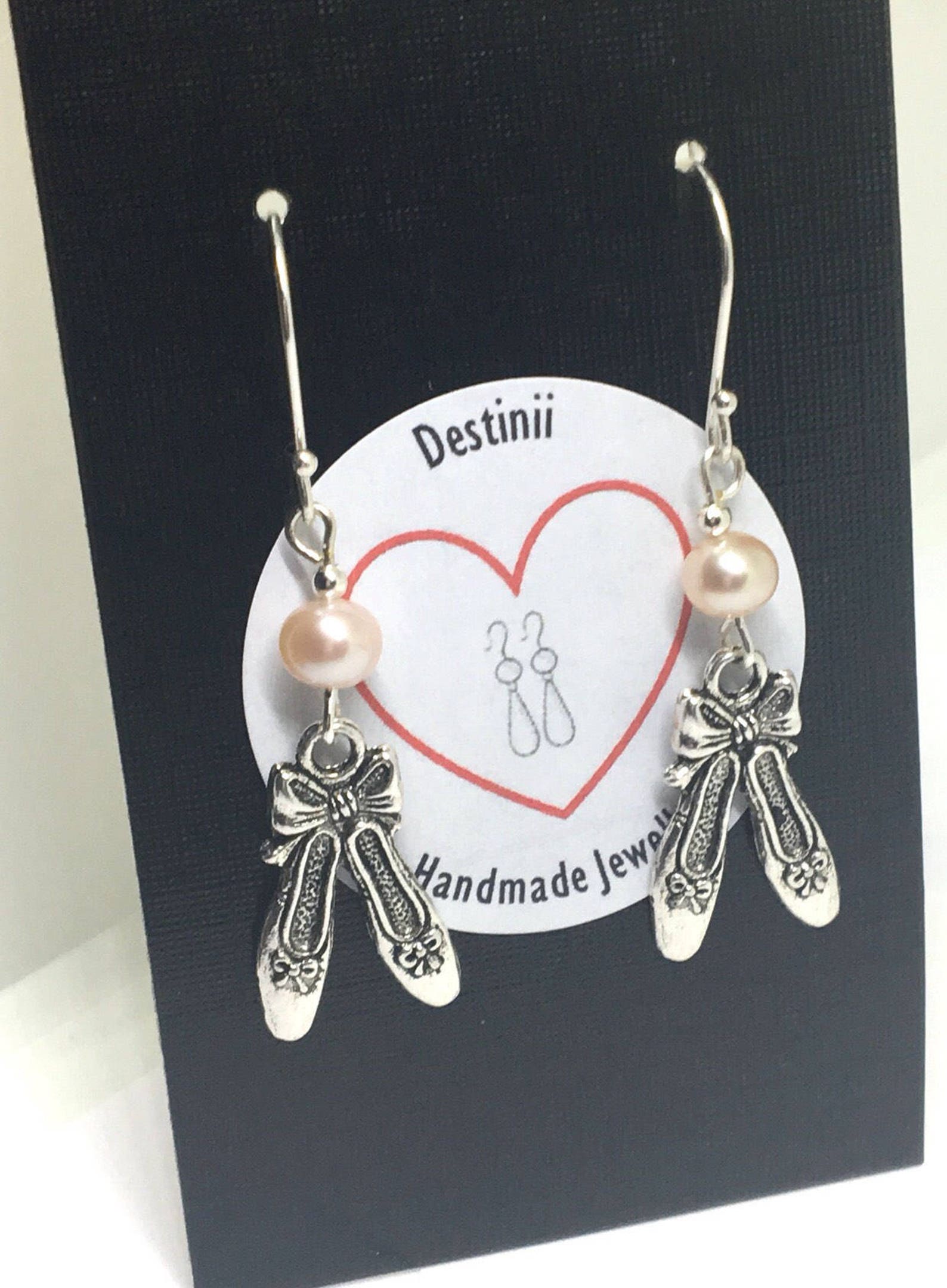 ballet slippers earrings with pink water pearls and sterling silver ear wires, ballerina earrings, ballet slippers jewelry, danc