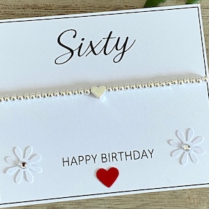 Bracelet coeur 60e anniversaire, bracelet extensible en perles d'argent, cadeau bracelet soixante joyeux anniversaire, bracelet à empiler, carte devis 60e, Royaume-Uni