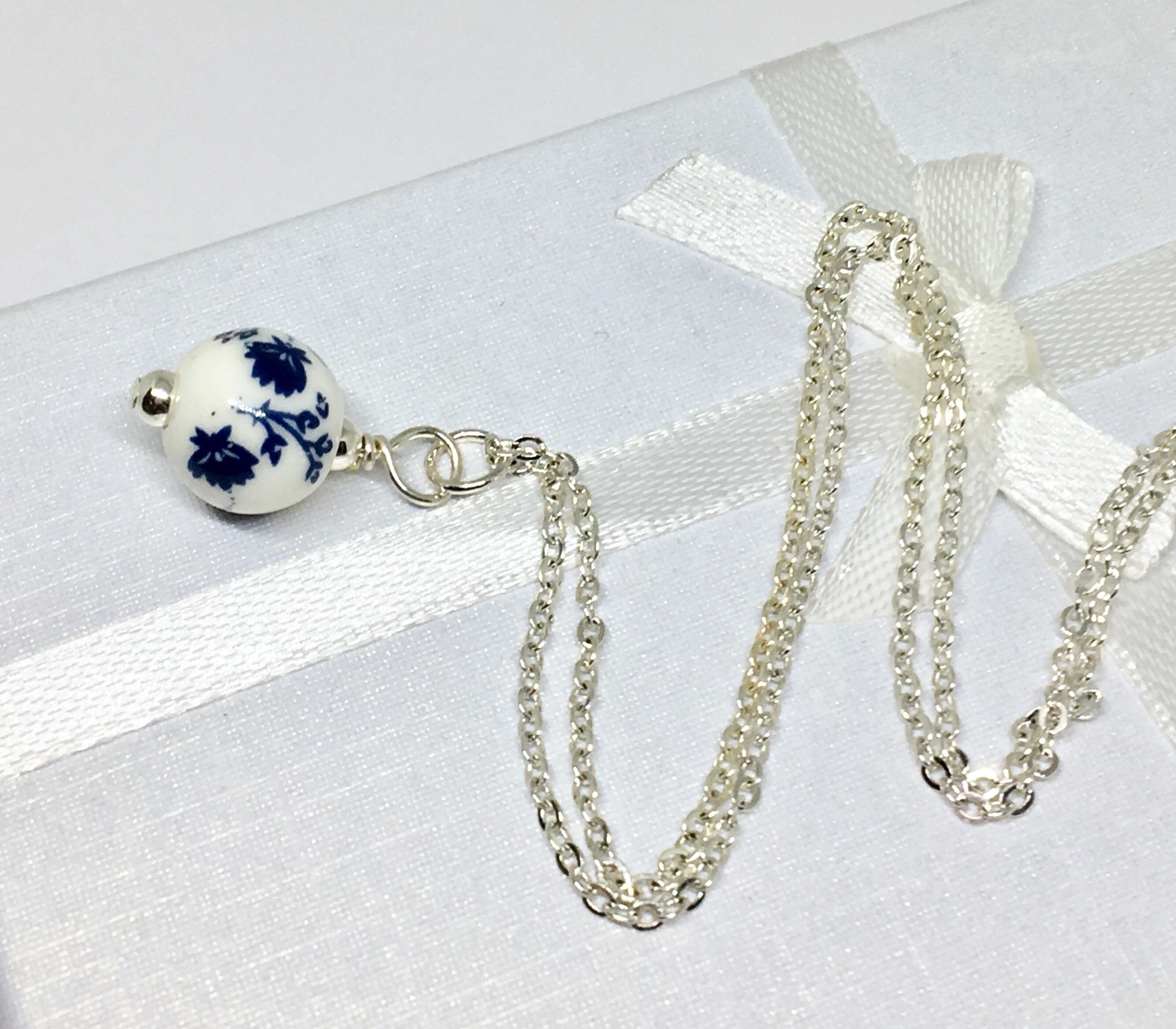 Blue Flower Silver Necklace Blue porcelain Bead Necklace | Etsy