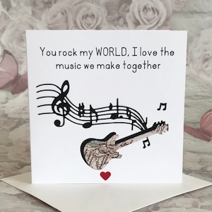 Je rockt mijn wereld gitaarkaart, ik hou van de muziek die we samen maken, je bent alles kaart, dankbaarheidskaart, vintage kaartkaart liefdeskaart UK