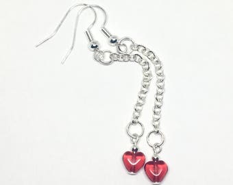 Long Red Heart Earrings, Red Glass Heart Earrings, Czech Glass Jewellery, Glass Heart Earrings, Valentines Jewellery, Romantic Gift, Uk shop