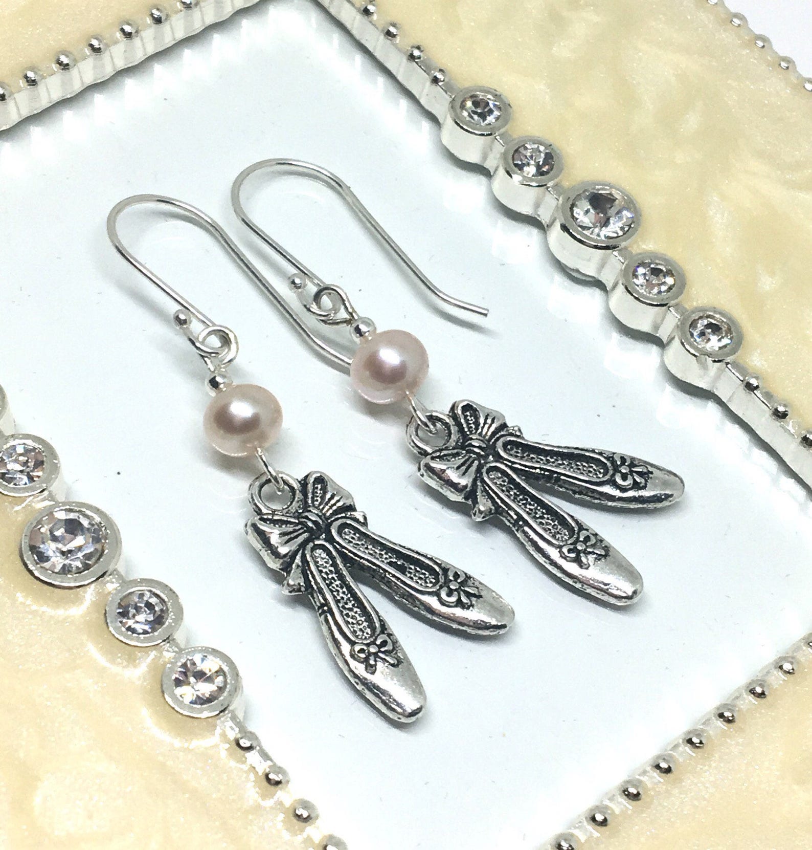 ballet slippers earrings with pink water pearls and sterling silver ear wires, ballerina earrings, ballet slippers jewelry, danc