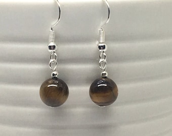 Pendientes de ojo de tigre, pendientes de ojo de tigre de 8 mm, ojo de tigre auténtico, joyería de piedras preciosas, regalo para ella, ganchos de plata de ley, tienda del Reino Unido
