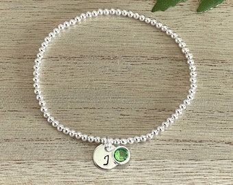 Personalised Initial Birthstone Silver Bracelet, Silver Heart Stretch Bracelet, Birthday-Friend-Mum-Sister Initial Bracelet Gift, Uk Shop