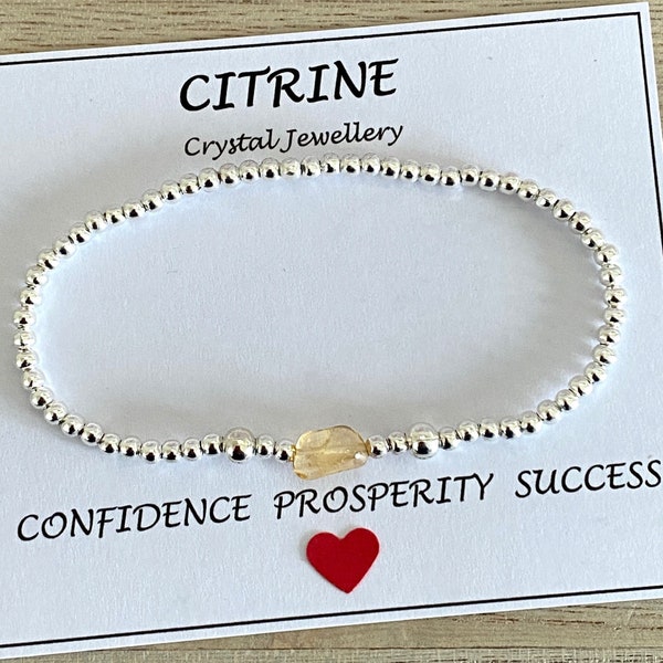 Genuine Citrine Gemstone and Silver Bead Stretch Bracelet, Confidence-Prosperity-Positivity Healing Gemstone, Gift for Her, UK