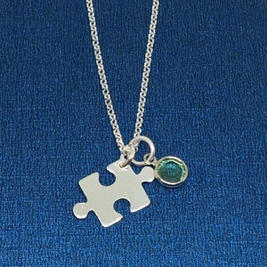 Sterling Silver Puzzle Piece & Birthstone Charm Necklace, Birthstone Necklace, Autism Awareness, Jigsaw Puzzle Charm, Birthday Gift, Uk shop