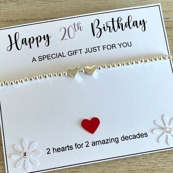20th Birthday Heart Bracelet, Silver Beaded Stretch Bracelet, Twenty Happy Birthday Bracelet Gift, 2 hearts for 2 decades, 20th Quote Card