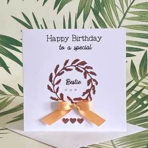 Special Bestie Birthday Card, Rose Gold Glitter Wreath, Satin Ribbon, Pearls and Hearts Birthday Card for Friend, Card for Her, UK